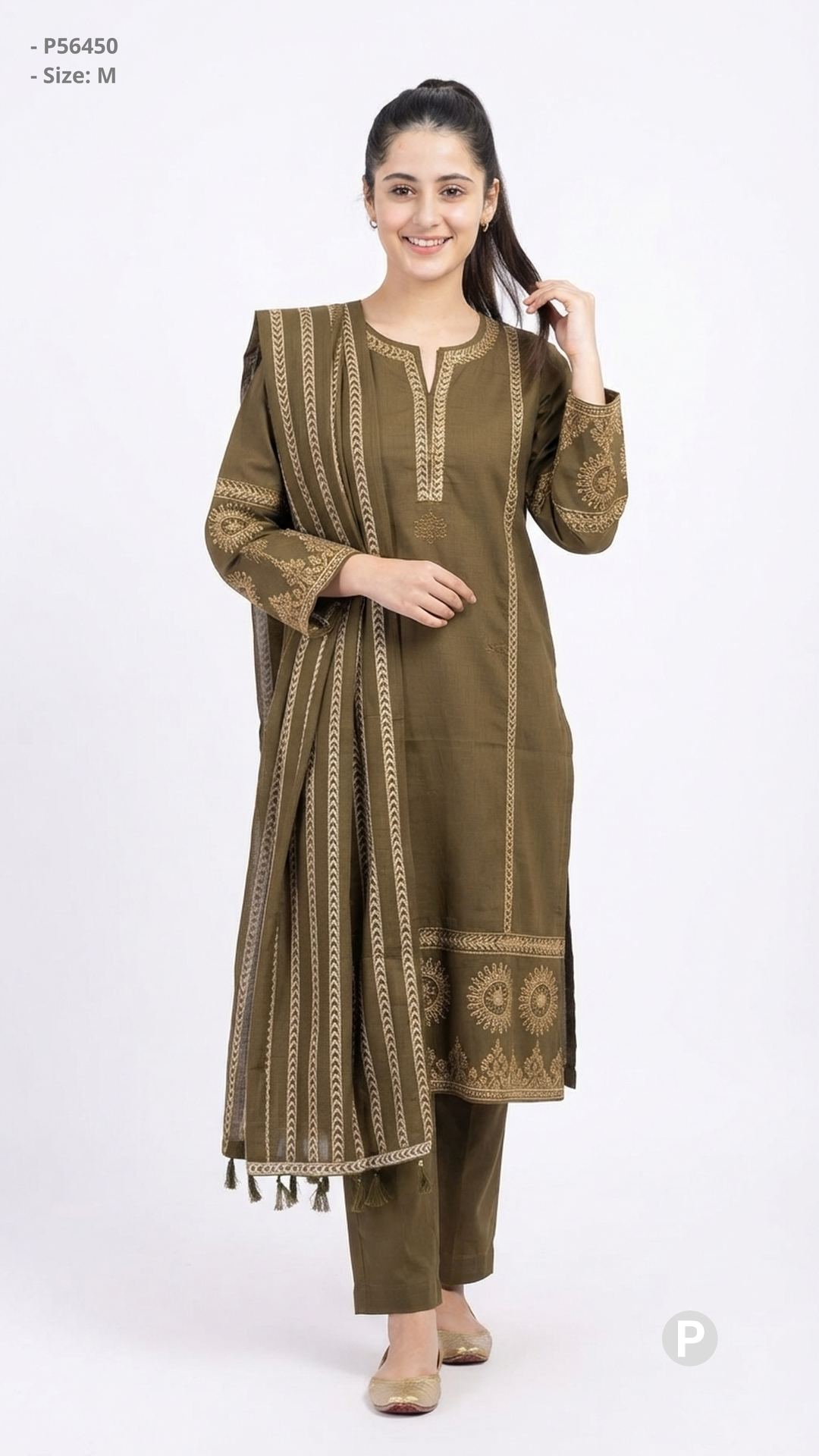 Olive Cotton Printed Kurti Set | P56450